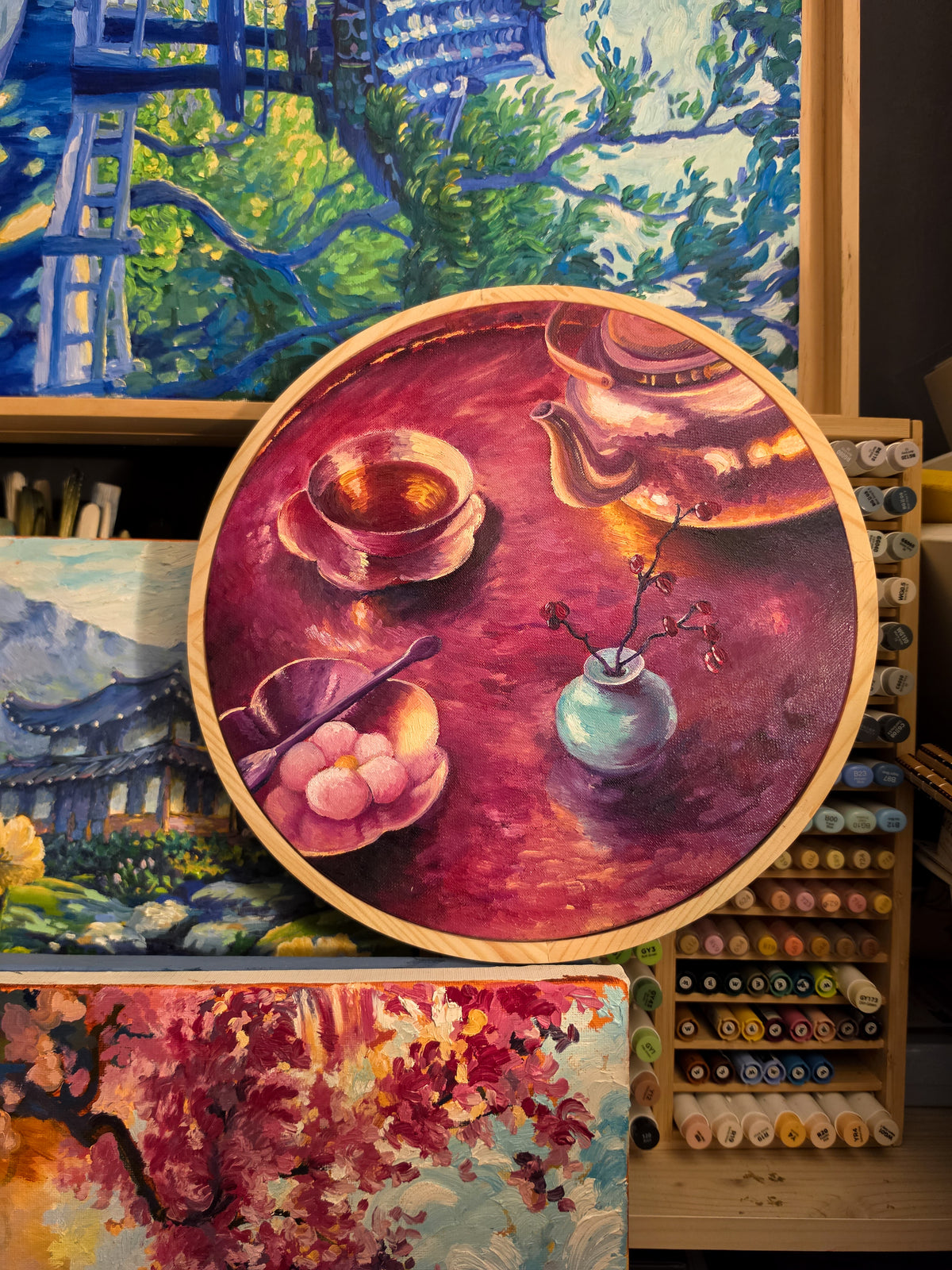 Golden Teatime - Original Korean Still Life Oil Painting